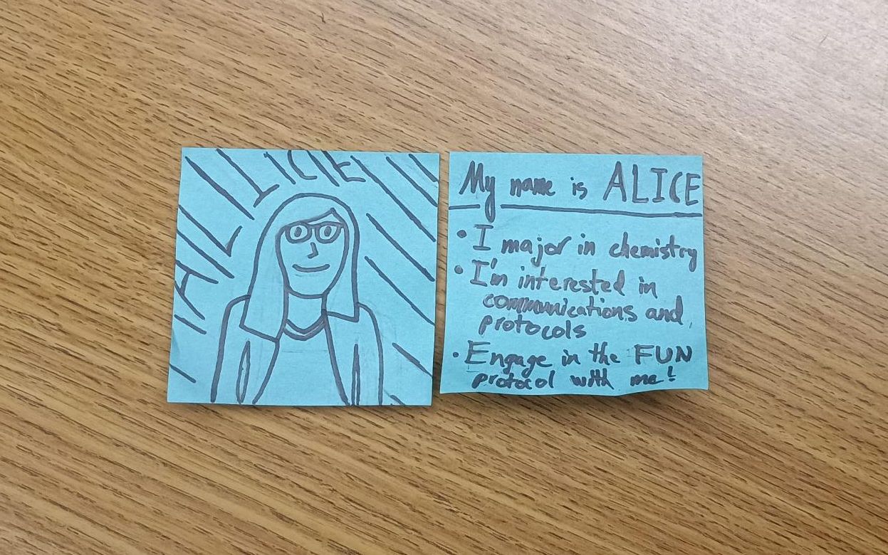 Alice officer card: name is Alice, Major in Chemistry, Interest in communications and protocols