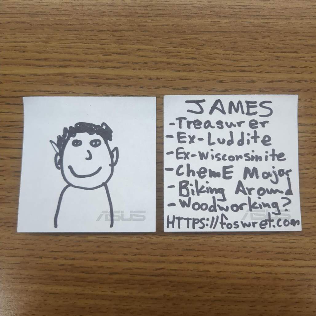 James officer card. Treasurer. Crudely drawn image of person on a sticky note.