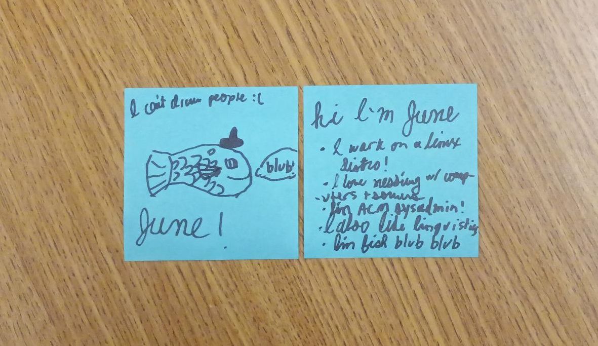 June officer card: works on a linux distro, loves messing with computers, ACM sysadmin, likes linguistics, blub blub blub(fish noises) 